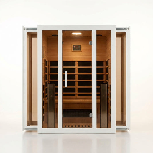2 Person Extendable FAR Infrared Sauna for Home, Hemlock Wood Low EMF 6 Carbon Heaters Indoor Saunas with LED Lights, Bluetooth Speaker, Digital Control Panel, and Seating Bench — Studio Shot
