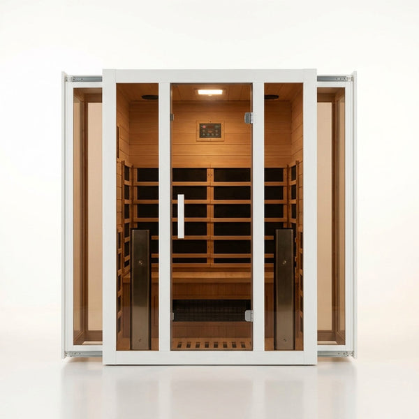 2 Person Extendable FAR Infrared Sauna for Home, Hemlock Wood Low EMF 6 Carbon Heaters Indoor Saunas with LED Lights, Bluetooth Speaker, Digital Control Panel, and Seating Bench — Studio Shot